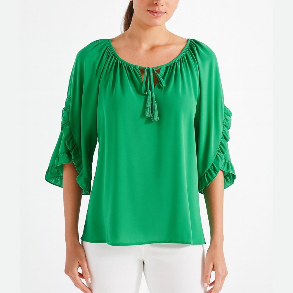 Jade Melody Tam Green Ruffle Sleeve Tassel Tie Blouse Size XS